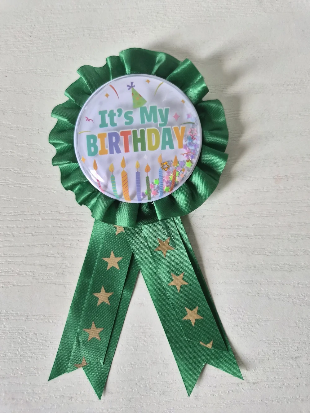 Source Unknown It's My Birthday Green Ribbon Badge with Gold Stars